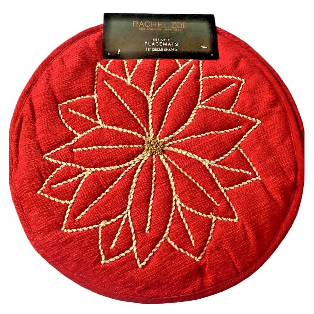 Rachel Zoe Christmas Poinsettia Placemats 15" Rd Red Gold Embroidered Set of 4